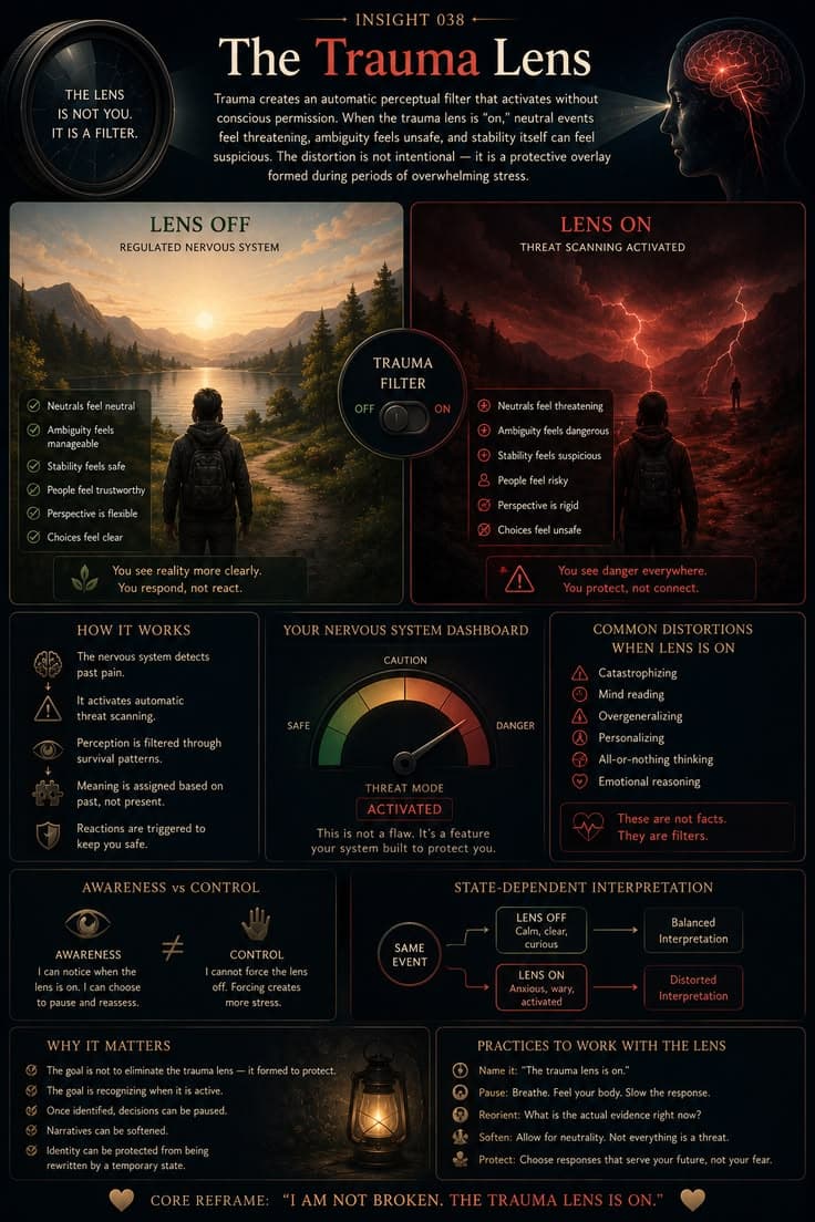 A reflective infographic exploring how trauma can act as a perceptual filter that shapes the way we interpret people, situations, and uncertainty. This piece examines threat scanning, nervous system activation, cognitive distortions, and the difference between reacting from past pain versus responding to present reality. A reminder that the lens is not your identity—it is a protective adaptation that can be recognized, understood, and softened over time. 

#trauma-healing
#nervous-system
#self-awareness
#emotional-regulation
#mental-health