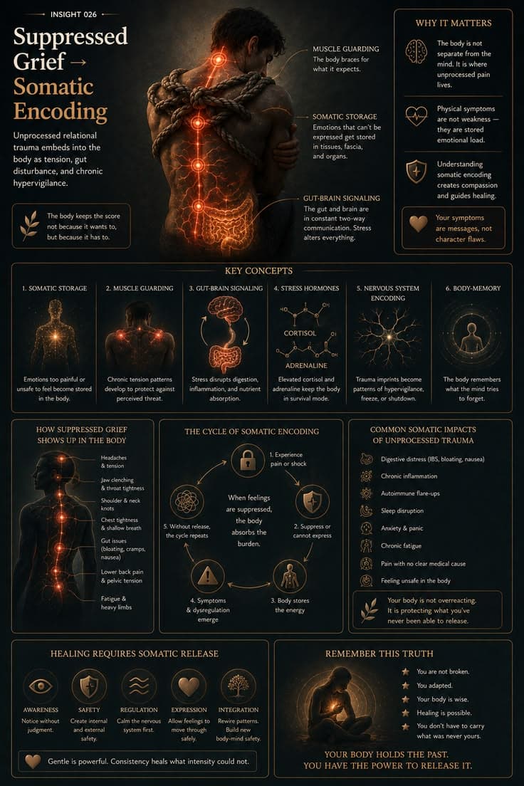 A reflective infographic exploring how unprocessed grief, trauma, and emotional pain can become expressed through the body. This piece examines somatic storage, muscle guarding, gut-brain signaling, chronic tension, and nervous system adaptation. A reminder that symptoms are not always signs of weakness or failure—they can be messages from a body carrying experiences that have not yet found a safe way to be felt and released. 

#somatic-healing
#trauma-healing
#mind-body-connection
#nervous-system
#grief-and-healing