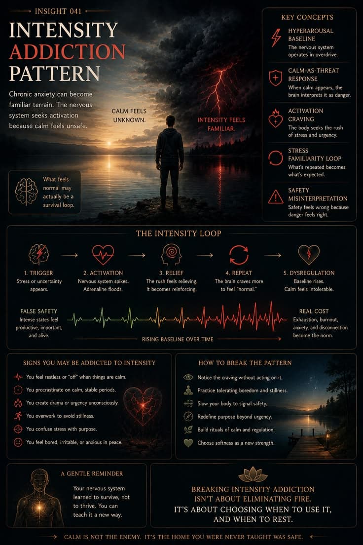 A reflective infographic exploring how chronic stress and anxiety can become familiar enough that calm begins to feel uncomfortable or unfamiliar. This piece examines hyperarousal, activation cravings, nervous system conditioning, and the tendency to mistake urgency for purpose. A reminder that healing is not about eliminating intensity—it is about learning that safety, rest, and steadiness are available too. 

#nervous-system
#anxiety-recovery
#self-regulation
#emotional-awareness
#healing-journey