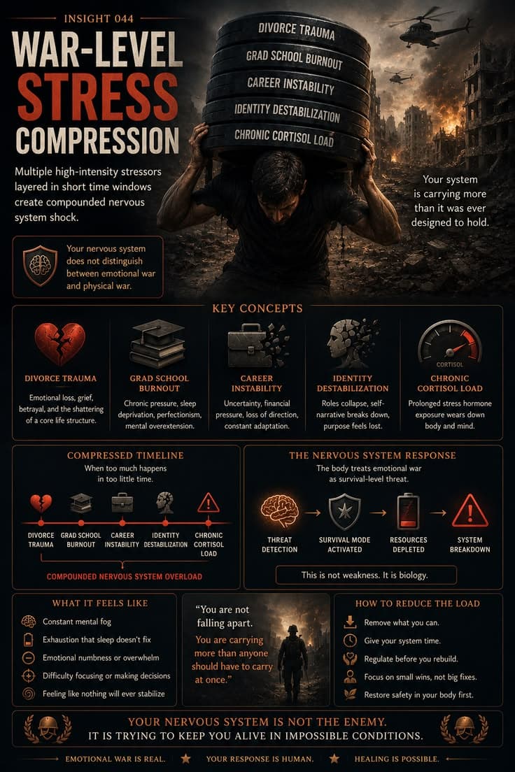 A reflective infographic exploring what happens when multiple life-altering stressors arrive in a compressed period of time. This piece examines compounded trauma, burnout, identity disruption, chronic stress load, and the nervous system effects of carrying too many major challenges at once. A reminder that overwhelm is not always a sign of weakness—it can be a natural response to a system attempting to survive an extraordinary amount of pressure. 

#chronic-stress
#burnout-recovery
#nervous-system
#trauma-healing
#mental-health-awareness