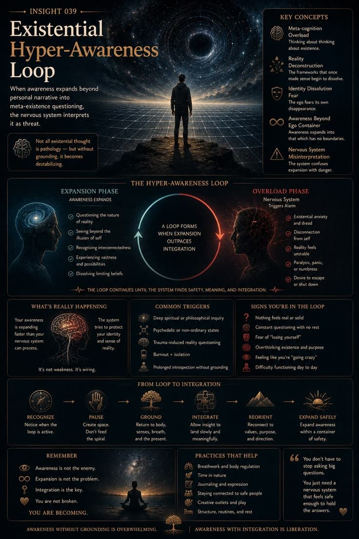 A reflective infographic exploring what can happen when awareness expands faster than the nervous system can integrate. This piece examines existential questioning, meta-cognition, identity dissolution fears, and the tendency to mistake expansion for danger when the system becomes overwhelmed. A reminder that curiosity is not the problem—without grounding and integration, even profound insight can become destabilizing. 

#existential-awareness
#consciousness
#nervous-system
#self-awareness
#personal-growth