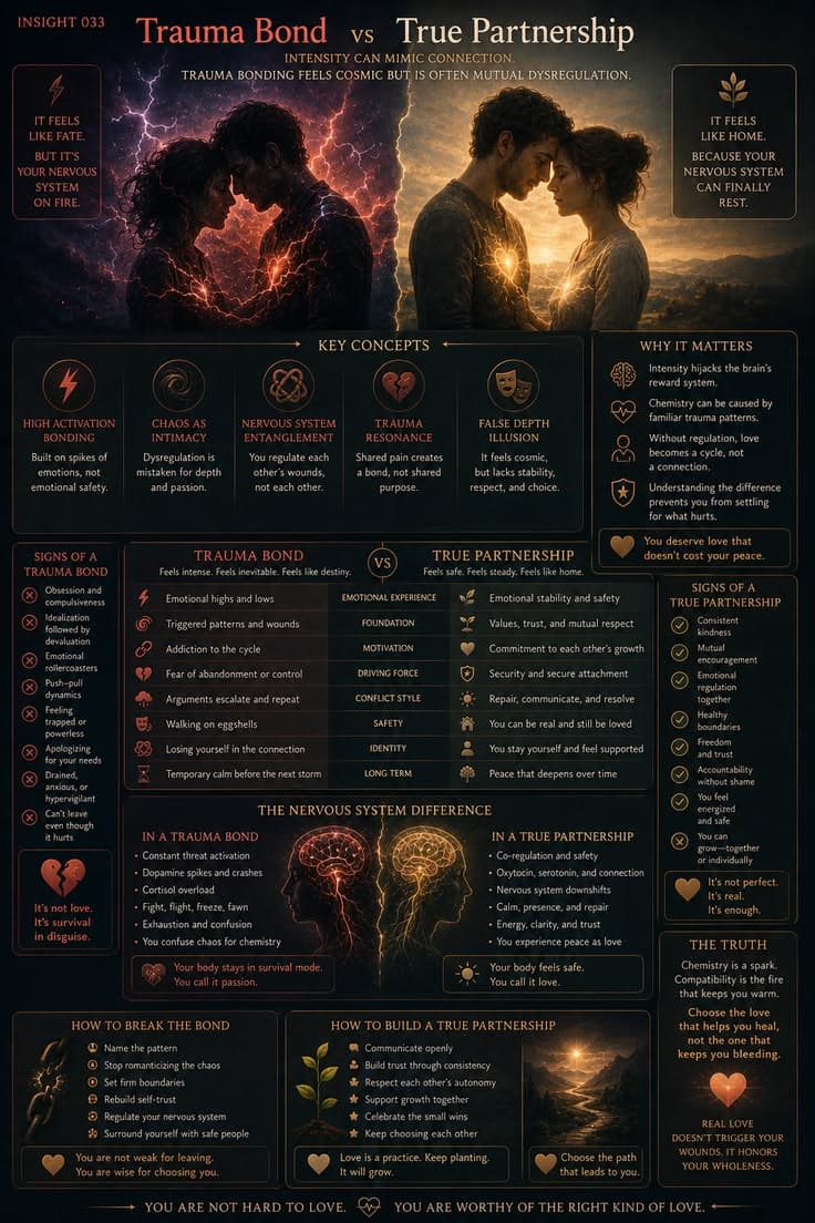 A reflective infographic exploring the difference between relationships built on emotional intensity and relationships built on safety, trust, and mutual growth. This piece examines trauma bonding, nervous system activation, secure attachment, and the ways chaos can sometimes be mistaken for connection. A reminder that healthy love is not defined by how intensely it hurts, but by how consistently it supports your well-being. 

#trauma-bond
#healthy-relationships
#attachment-healing
#nervous-system
#emotional-awareness