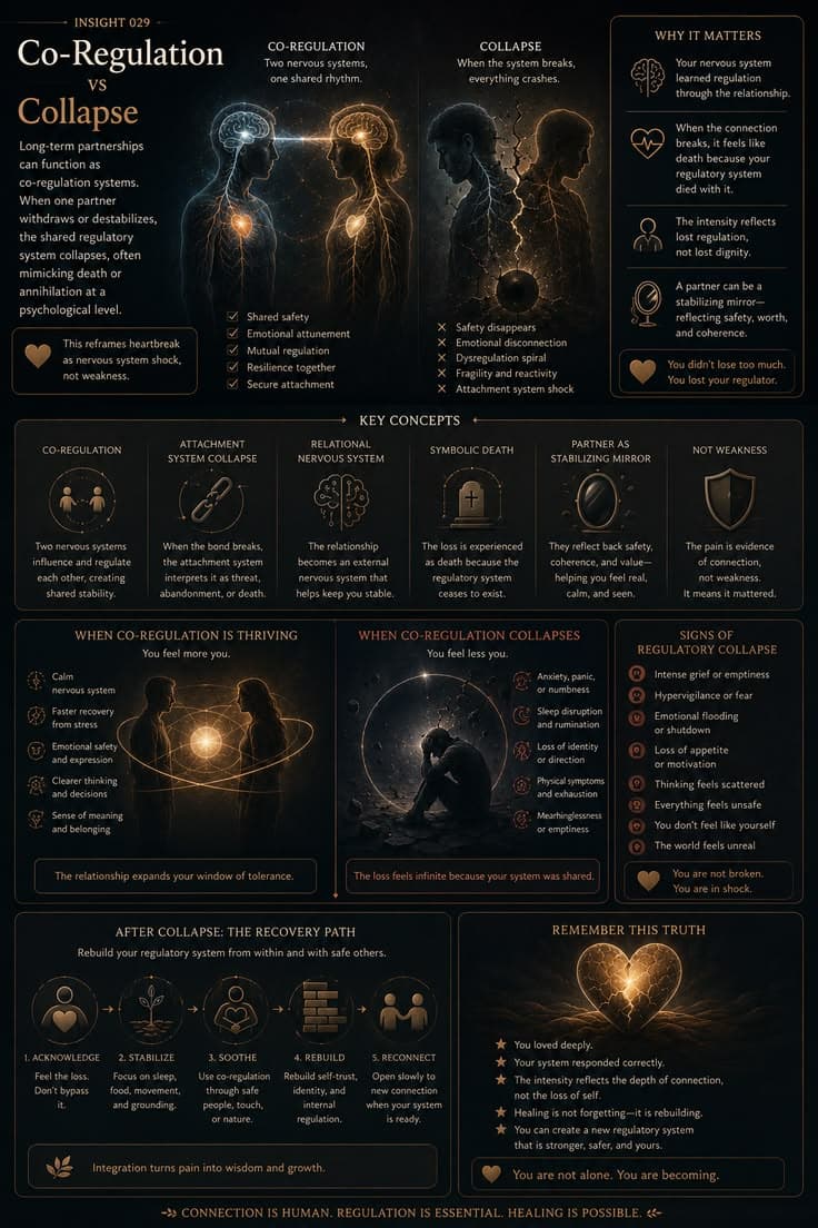 A reflective infographic exploring how long-term relationships can function as shared nervous system regulation. This piece examines co-regulation, attachment system collapse, symbolic loss, and why heartbreak can feel so overwhelming when a major source of safety and stability disappears. A reminder that the intensity of grief is not evidence of weakness—it is often evidence of how deeply the nervous system adapted to connection. 

#co-regulation
#attachment-healing
#heartbreak-healing
#nervous-system
#emotional-awareness