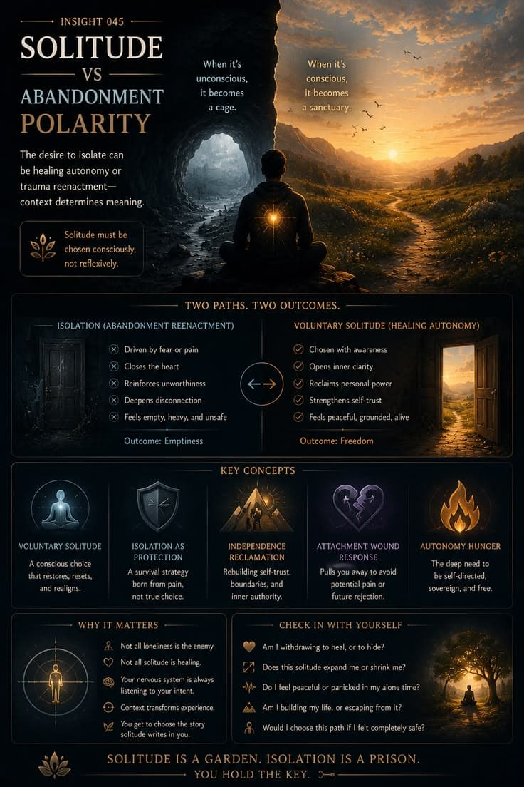 A reflective infographic exploring the difference between healing solitude and protective isolation. This piece examines autonomy, attachment wounds, self-trust, and the role intention plays in shaping our relationship with time alone. A reminder that solitude is not automatically healing, and isolation is not automatically harmful—the meaning often depends on whether we are moving toward ourselves or away from ourselves. 

#solitude
#self-awareness
#attachment-healing
#personal-growth
#emotional-awareness