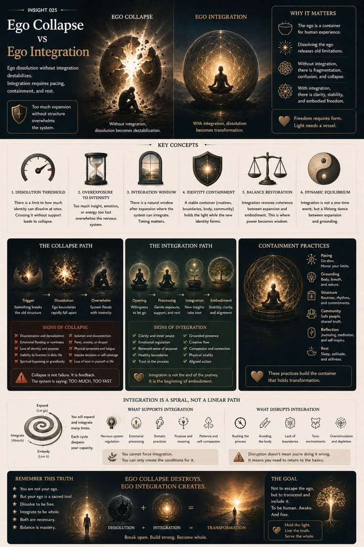 A reflective infographic exploring the difference between ego dissolution that overwhelms the system and ego integration that creates lasting transformation. This piece examines containment, embodiment, pacing, and the role of structure in personal growth. A reminder that growth is not about destroying the self—it is about expanding beyond old limitations while building the capacity to live that change in everyday life. 

#ego-integration
#personal-growth
#self-awareness
#consciousness
#nervous-system