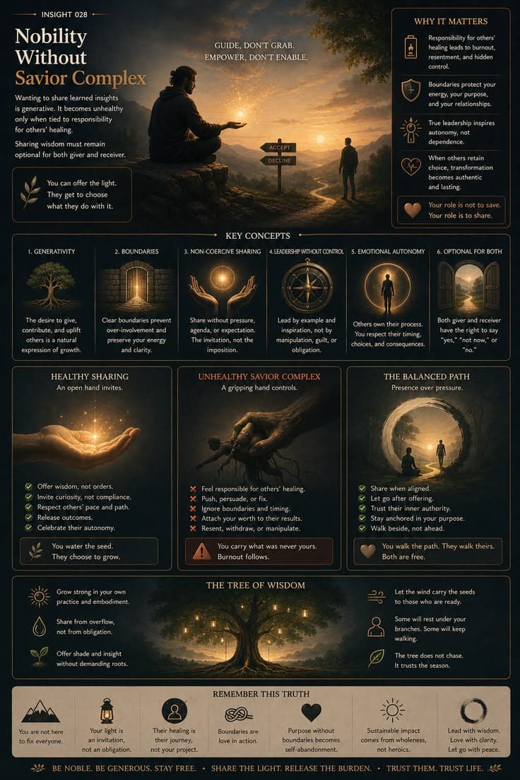 A reflective infographic exploring the difference between helping others and feeling responsible for their healing. This piece examines boundaries, emotional autonomy, non-coercive sharing, and the idea that wisdom is most powerful when offered freely rather than imposed. A reminder that you can share what you've learned without carrying what was never yours to carry. 

#healthy-boundaries
#personal-growth
#emotional-awareness
#leadership
#self-compassion