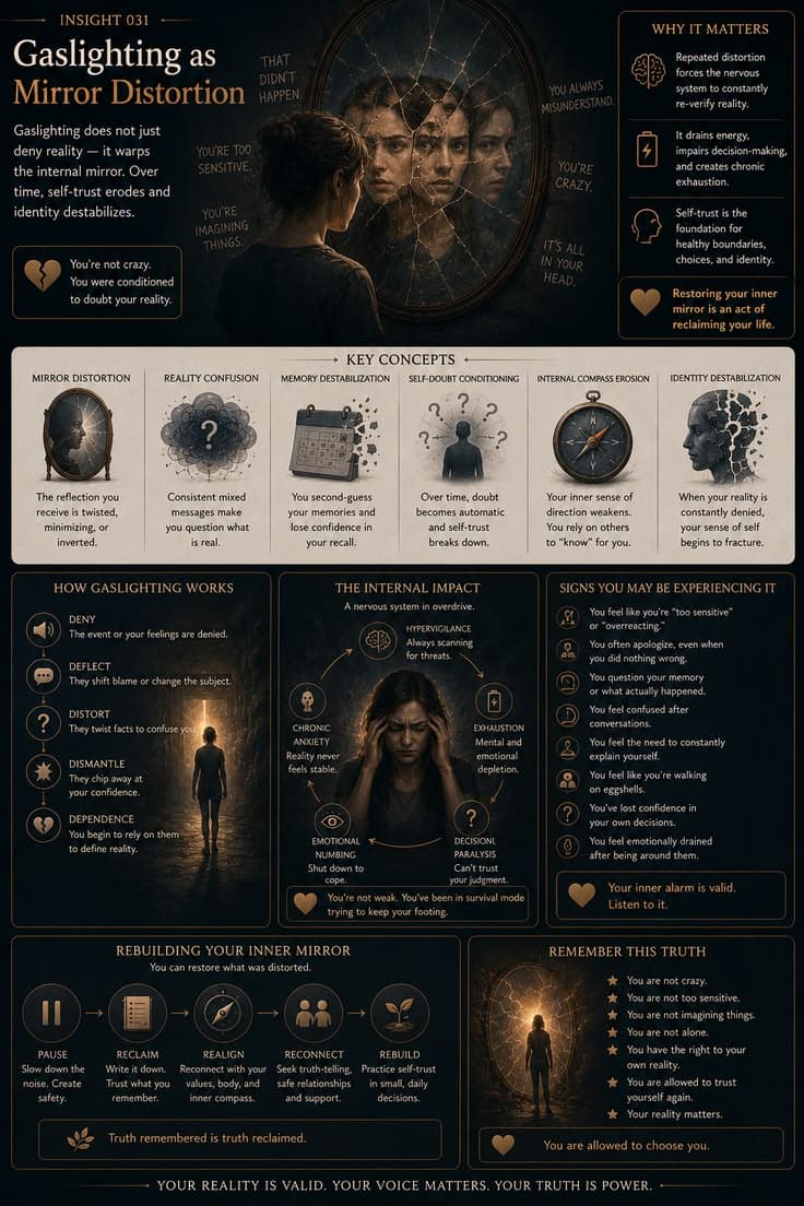 A reflective infographic exploring how gaslighting can gradually erode self-trust, distort memory, and destabilize identity. This piece examines reality confusion, chronic self-doubt, hypervigilance, and the nervous system impact of repeatedly having your experiences denied or minimized. A reminder that healing often begins by reconnecting with your own perception, rebuilding trust in yourself, and remembering that your reality matters. 

#gaslighting-recovery
#self-trust
#emotional-abuse
#nervous-system
#healing-journey