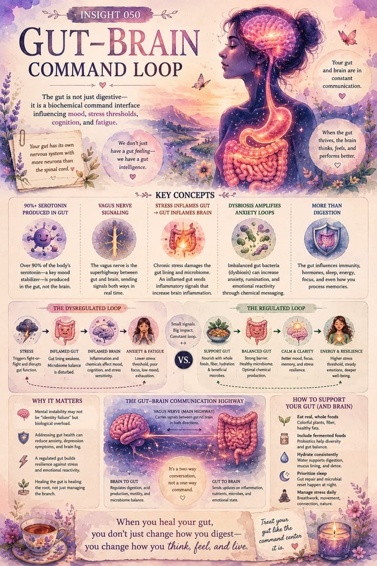 A reflective infographic exploring the constant conversation between the gut and the brain. This piece examines the gut-brain axis, vagus nerve signaling, stress, inflammation, mood, and how digestive health can influence emotional well-being, cognition, and resilience. A reminder that mental and emotional health are not only psychological experiences—they are deeply connected to the condition of the body that supports them.
#gut-health
#gut-brain-axis
#nervous-system
#mental-wellbeing
#holistic-health