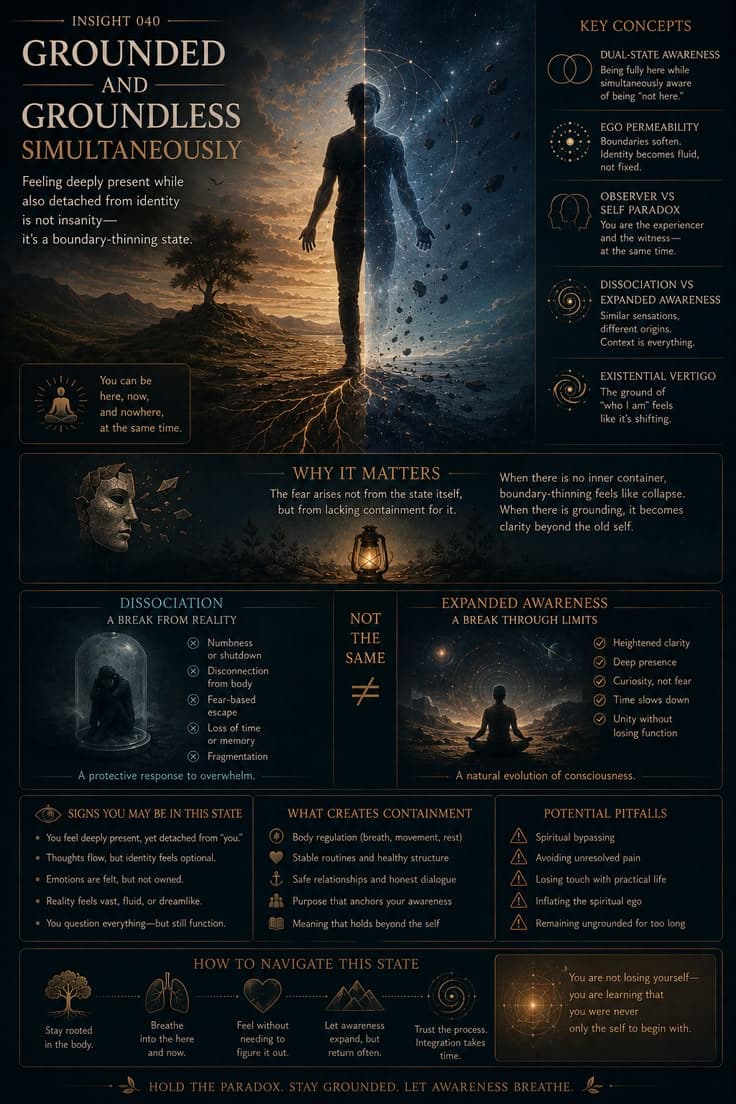 A reflective infographic exploring the paradox of feeling deeply present while also experiencing a loosening of identity, certainty, or self-boundaries. This piece examines expanded awareness, existential perception, grounding, and the difference between conscious expansion and dissociation. A reminder that unusual states of awareness are not defined by the experience itself, but by the presence of safety, regulation, and integration around it. 

#consciousness
#self-awareness
#existential-awareness
#nervous-system
#personal-growth