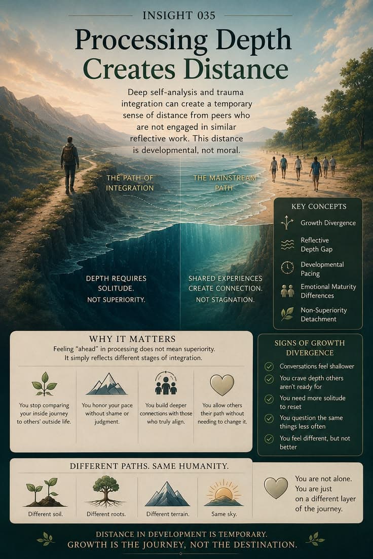 A reflective infographic exploring how deep self-inquiry, healing, and personal growth can sometimes create a temporary sense of distance from others. This piece examines growth divergence, emotional development, solitude, and the experience of feeling different without feeling superior. A reminder that people move through life at different paces, and that distance in development is not a measure of worth—it is simply part of the journey. 

#personal-growth
#self-awareness
#healing-journey
#emotional-maturity
#inner-development