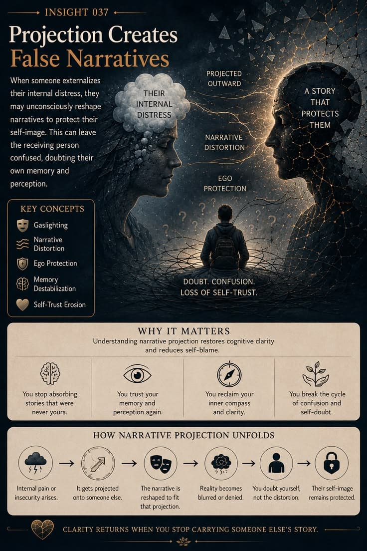 A reflective infographic exploring how unprocessed pain, insecurity, or shame can be projected outward and reshape the stories people tell about others. This piece examines projection, narrative distortion, gaslighting, and the confusion that can arise when someone protects their self-image at the expense of reality. A reminder that not every story told about you belongs to you, and clarity often begins by trusting your own experience again. 

#projection
#gaslighting-recovery
#self-trust
#emotional-awareness
#personal-growth