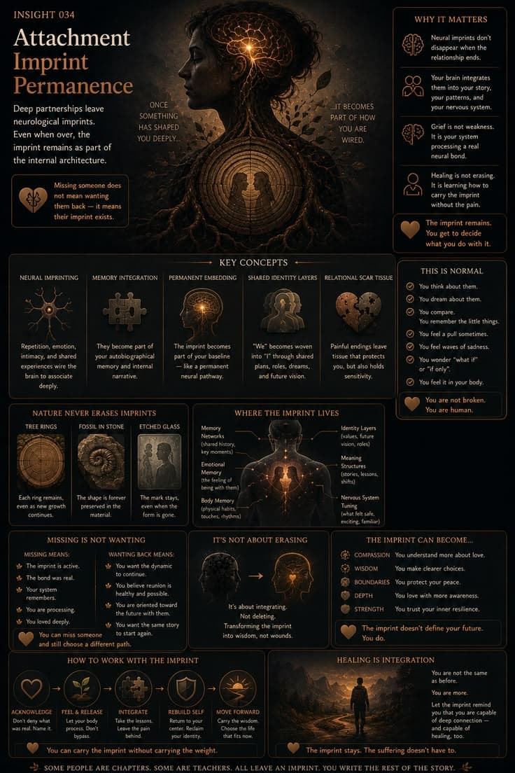 A reflective infographic exploring how deeply meaningful relationships can leave lasting imprints on the nervous system, memory, and sense of self. This piece examines attachment, grief, neural imprinting, and the difference between missing someone and wanting to return to an old chapter. A reminder that healing is not about erasing what mattered—it is about integrating the imprint into your story without carrying the same pain. 

#attachment-healing
#grief-and-healing
#nervous-system
#emotional-awareness
#personal-growth