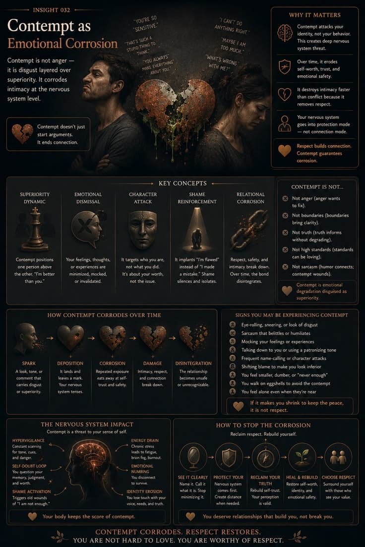 A reflective infographic exploring how contempt gradually erodes trust, safety, and connection within relationships. This piece examines superiority, emotional dismissal, shame, nervous system threat responses, and the long-term impact of repeated disrespect. A reminder that healthy relationships are built through respect and repair—not through humiliation, degradation, or making someone feel smaller in order to feel bigger. 

#emotional-abuse
#relationship-health
#self-worth
#nervous-system
#healing-journey