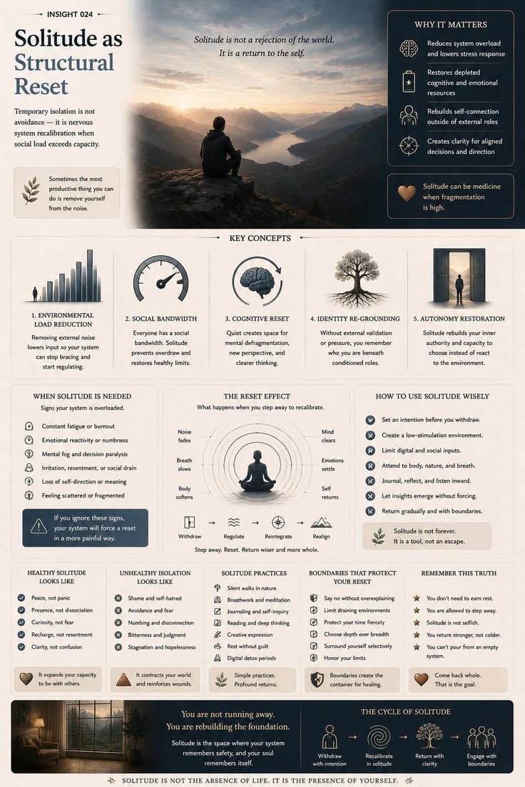 A reflective infographic exploring solitude as a form of nervous system recalibration rather than avoidance. This piece examines social bandwidth, cognitive reset, identity re-grounding, and the restorative role of intentional time alone. A reminder that stepping away is not always a rejection of connection—sometimes it is how we rebuild the capacity to return with greater clarity, presence, and wholeness. 

#solitude
#nervous-system
#self-care
#emotional-awareness
#personal-growth