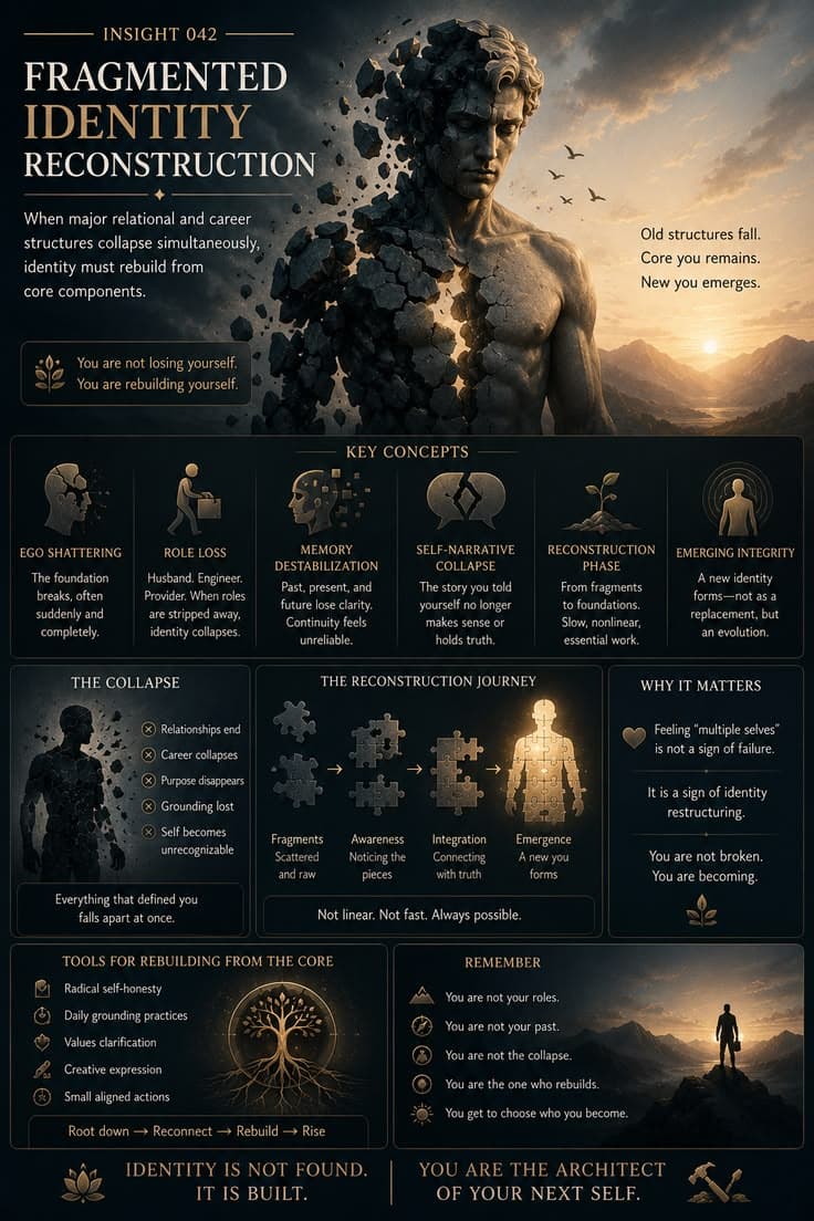 A reflective infographic exploring what can happen when major life structures collapse at the same time. This piece examines role loss, identity disruption, self-narrative collapse, and the gradual process of rebuilding from deeper foundations. A reminder that feeling fragmented is not always a sign that you are falling apart—it can be a sign that an old identity is dissolving so a more authentic one can emerge. 

#identity-reconstruction
#personal-growth
#self-discovery
#healing-journey
#inner-transformation