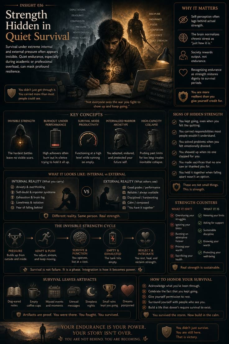A reflective infographic exploring the resilience that often goes unnoticed during periods of burnout, overload, and sustained pressure. This piece examines invisible strength, survival mode, endurance, and the gap between what others see and what someone is actually carrying. A reminder that surviving difficult seasons requires strength too, even when the effort is hidden behind ordinary routines and responsibilities. 

#resilience
#burnout-recovery
#nervous-system
#self-compassion
#personal-growth