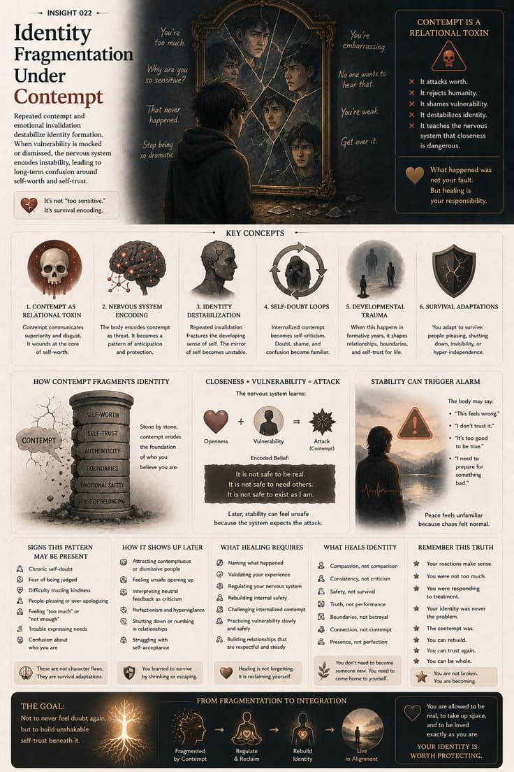 A reflective infographic exploring how repeated contempt, ridicule, and emotional invalidation can shape self-worth and identity over time. This piece examines nervous system encoding, self-doubt, developmental wounds, and the ways people adapt to survive environments where vulnerability is punished. A reminder that healing is not about becoming someone new—it is about rebuilding trust in who you have always been beneath the conditioning. 

#self-worth
#trauma-healing
#emotional-awareness
#nervous-system
#inner-healing