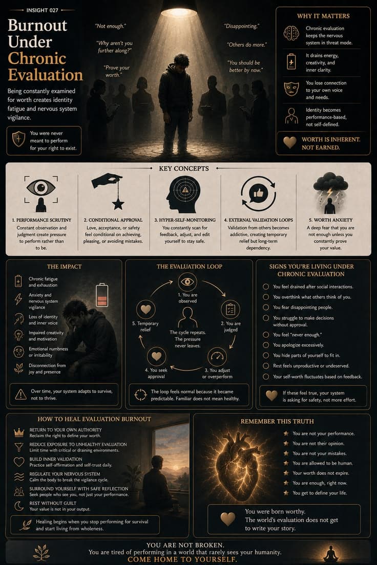 A reflective infographic exploring the exhaustion that comes from feeling constantly measured, judged, or evaluated. This piece examines performance-based self-worth, external validation loops, hyper-self-monitoring, and the nervous system strain created by conditional approval. A reminder that your value is not something you earn through achievement—it exists before performance, productivity, or anyone else's opinion. 

#burnout-recovery
#self-worth
#emotional-awareness
#nervous-system
#personal-growth