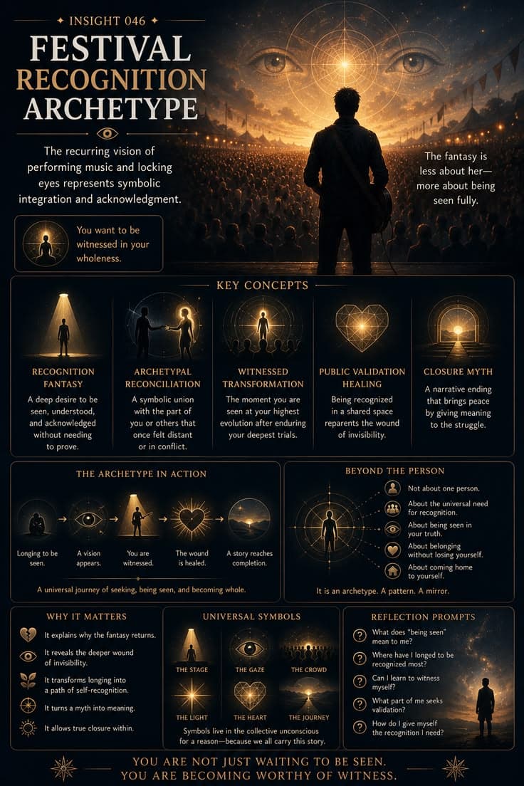 A reflective infographic exploring the universal longing to be seen, understood, and recognized in our fullest expression. This piece examines recognition fantasies, symbolic reconciliation, witnessed transformation, and the human desire for acknowledgment after periods of struggle or growth. A reminder that the deepest form of recognition may not come from a crowd or a single person—but from learning to fully witness yourself. 

#archetypes
#self-awareness
#personal-growth
#inner-healing
#symbolic-thinking