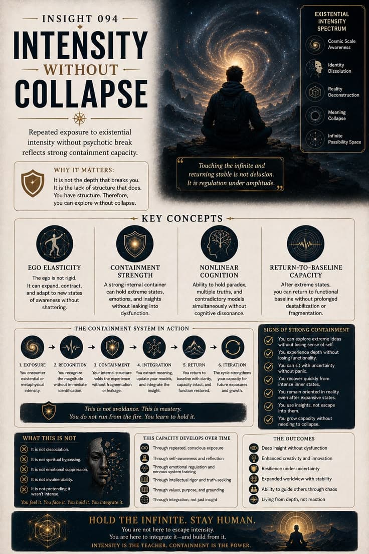 Repeated exposure to existential intensity without psychological collapse reflects strong containment capacity. The ability to explore paradox, uncertainty, identity shifts, and vast questions while returning to functional baseline is not fragility—it is resilience under amplitude.
#Containment
#Resilience
#Consciousness
#ExistentialGrowth
#PsychologicalStrength
#SelfAwareness
#Integration
#PersonalDevelopment
#DepthPsychology
#MentalFitness