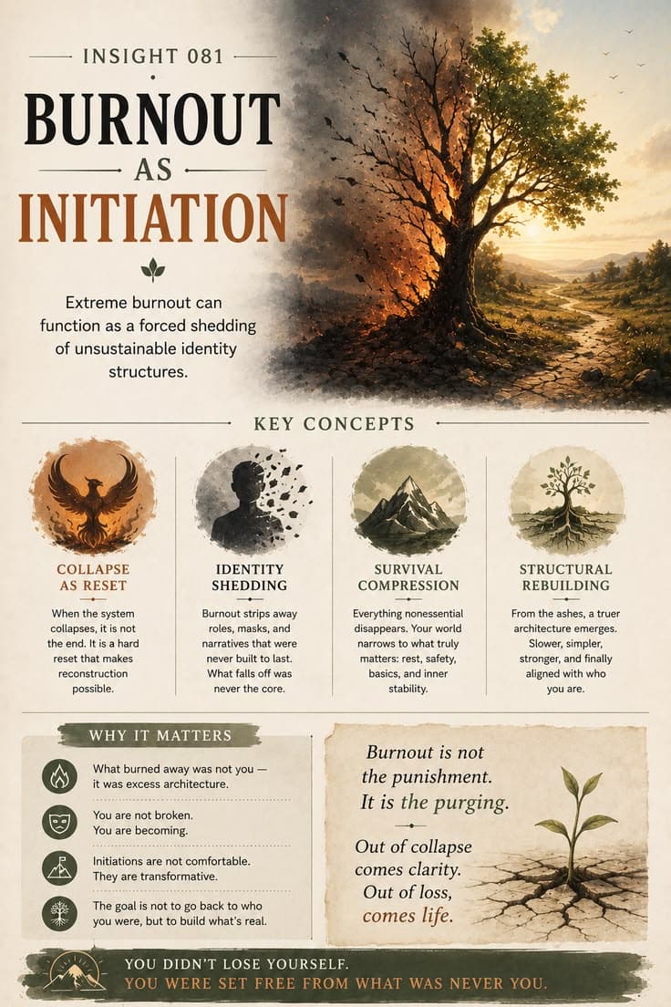 A reflective infographic exploring how profound burnout can become a turning point rather than an ending. This piece examines identity shedding, structural collapse, survival compression, and the rebuilding that follows when unsustainable ways of living can no longer be maintained. A reminder that some forms of transformation begin with loss—not because you are failing, but because what no longer fits is making room for something more aligned.
#burnout-recovery
#personal-growth
#identity-reconstruction
#healing-journey
#inner-transformation