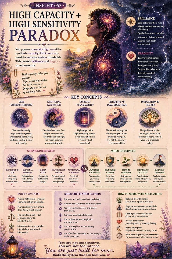 A reflective infographic exploring the tension between exceptional cognitive capacity and heightened emotional sensitivity. This piece examines deep systems thinking, emotional saturation, burnout vulnerability, and the challenge of holding intensity without being consumed by it. A reminder that sensitivity is not the opposite of strength—it is often part of what makes depth, creativity, and insight possible.
#high-sensitivity
#giftedness
#personal-growth
#nervous-system
#self-awareness