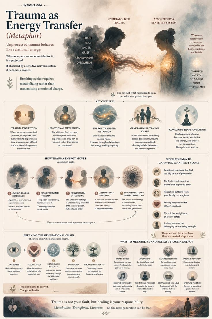 A reflective infographic exploring trauma as a form of emotional and relational energy that can move through people and generations when it is not processed. Using metaphor and nervous system awareness, this piece looks at projection, emotional encoding, and the possibility of conscious transformation. A gentle reminder that healing is not about carrying everything alone — it is about learning to metabolize what was never meant to stay trapped inside.
#trauma-healing
#nervous-system
#generational-trauma
#emotional-awareness
#self-healing