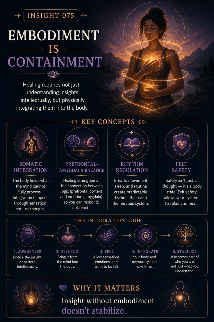 A reflective infographic exploring why lasting healing requires more than intellectual understanding. This piece examines somatic integration, felt safety, nervous system regulation, and the process of moving insight from the mind into lived experience. A reminder that transformation becomes stable not when you understand it, but when your body learns it is safe enough to live it.
#embodiment
#somatic-healing
#nervous-system
#self-awareness
#emotional-regulation