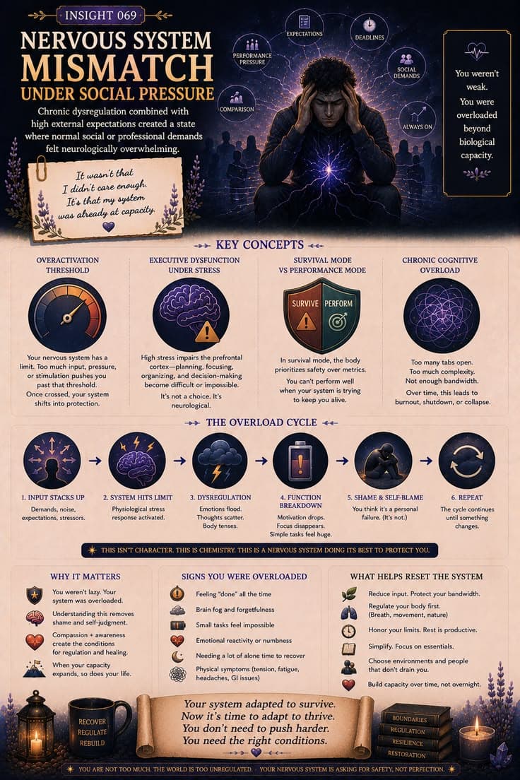 A reflective infographic exploring what happens when chronic nervous system dysregulation collides with high social, professional, or personal expectations. This piece examines cognitive overload, executive dysfunction, survival-mode activation, and the experience of feeling overwhelmed by demands that once felt manageable. A reminder that capacity is biological, not moral—and overload is often a sign that the system needs support, not more pressure.
#nervous-system
#burnout-recovery
#executive-dysfunction
#stress-response
#emotional-awareness