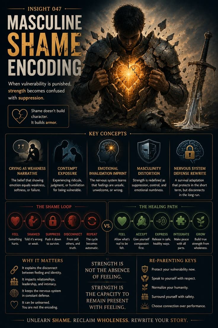 A reflective infographic exploring how shame can become woven into ideas of masculinity when vulnerability is met with ridicule, contempt, or emotional invalidation. This piece examines suppression, nervous system adaptation, emotional disconnection, and the ways people learn to mistake armor for strength. A reminder that true strength is not the absence of feeling—it is the ability to remain present, connected, and human in the face of it.
#healthy-masculinity
#emotional-awareness
#shame-healing
#self-compassion
#nervous-system