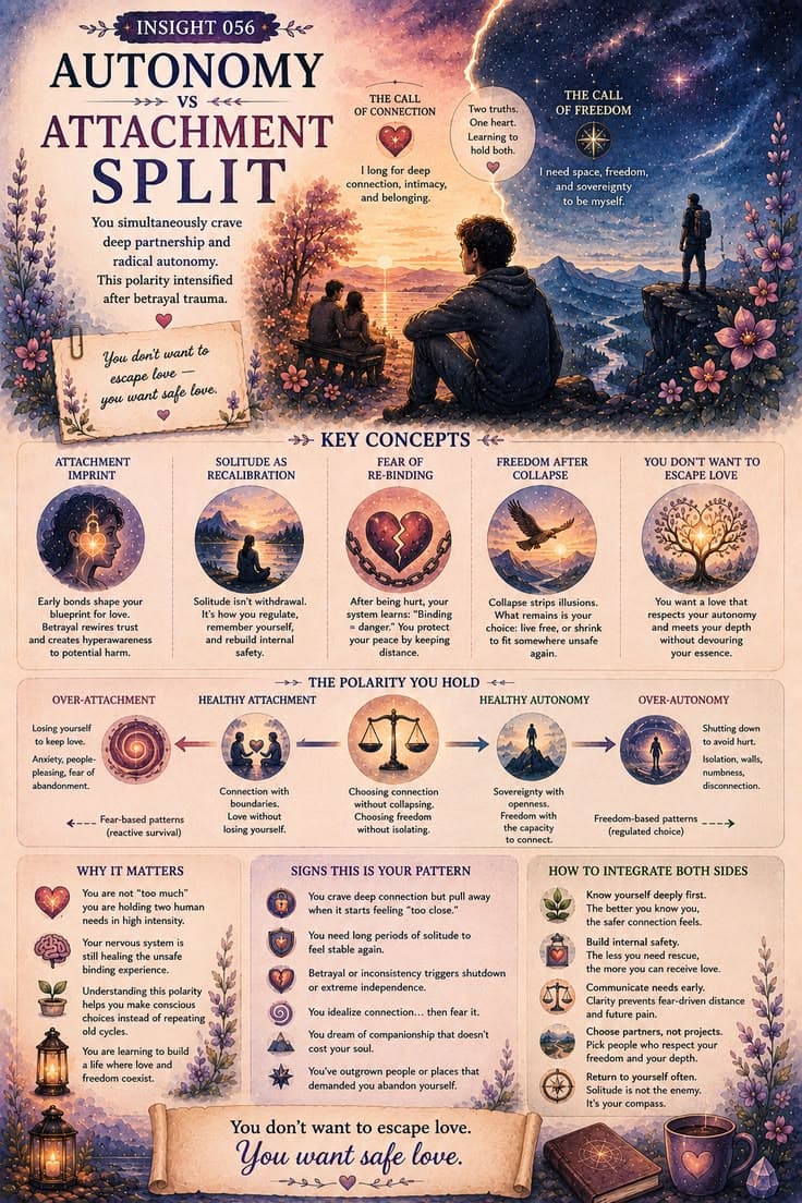 A reflective infographic exploring the tension between the desire for deep connection and the need for freedom, space, and self-sovereignty. This piece examines attachment wounds, betrayal trauma, solitude, and the challenge of learning that intimacy and autonomy do not have to be opposites. A reminder that healthy love allows both connection and individuality to exist together.
#attachment-healing
#healthy-relationships
#personal-growth
#self-awareness
#emotional-healing
