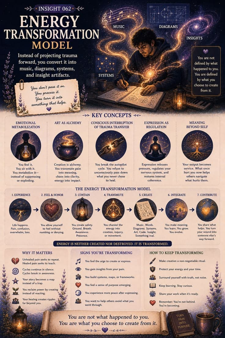 A reflective infographic exploring how pain can be transformed into creativity, meaning, and contribution instead of being passed forward through unconscious repetition. This piece examines emotional metabolization, expression, insight generation, and the process of turning difficult experiences into something that helps both yourself and others. A reminder that healing is not about denying pain—it is about transforming it.
#healing-journey
#creative-expression
#personal-growth
#self-awareness
#post-traumatic-growth