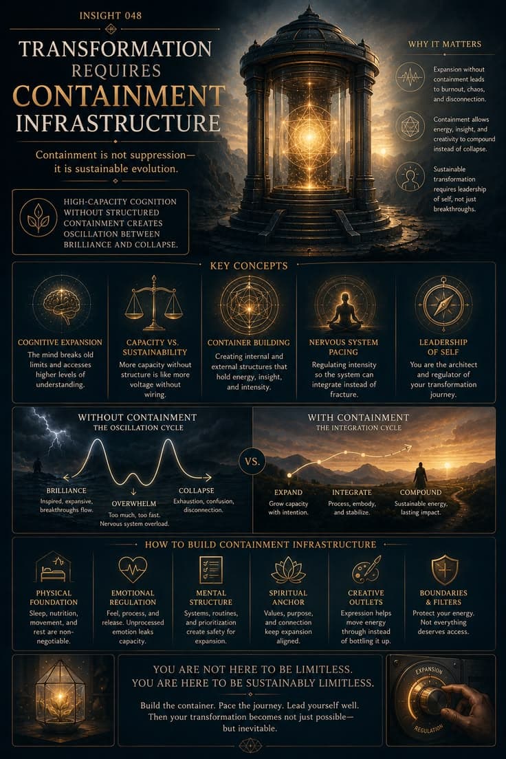 A reflective infographic exploring why growth, insight, and expansion need structure to become sustainable. This piece examines containment, nervous system pacing, self-leadership, and the difference between transformation that compounds over time and transformation that overwhelms the system. A reminder that lasting growth is not built through endless intensity—it is built through the containers that allow change to take root and endure.
#personal-growth
#self-regulation
#nervous-system
#inner-development
#self-leadership