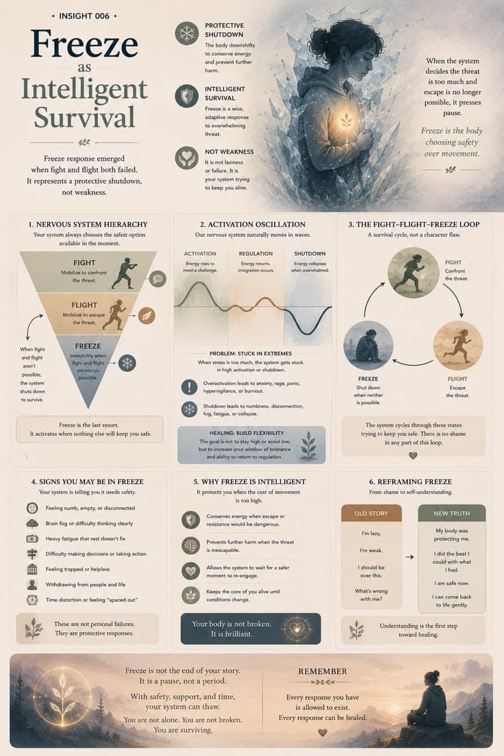 A visual explanation of the freeze response as a protective nervous system state rather than a personal failure. This infographic explores fight, flight, and freeze patterns, why shutdown happens during overwhelming stress, and how healing begins through safety, regulation, and self-understanding. A reminder that freeze is often the body choosing survival when no safe path forward feels possible.
#freeze-response
#nervous-system
#trauma-healing
#emotional-awareness
#survival-mode