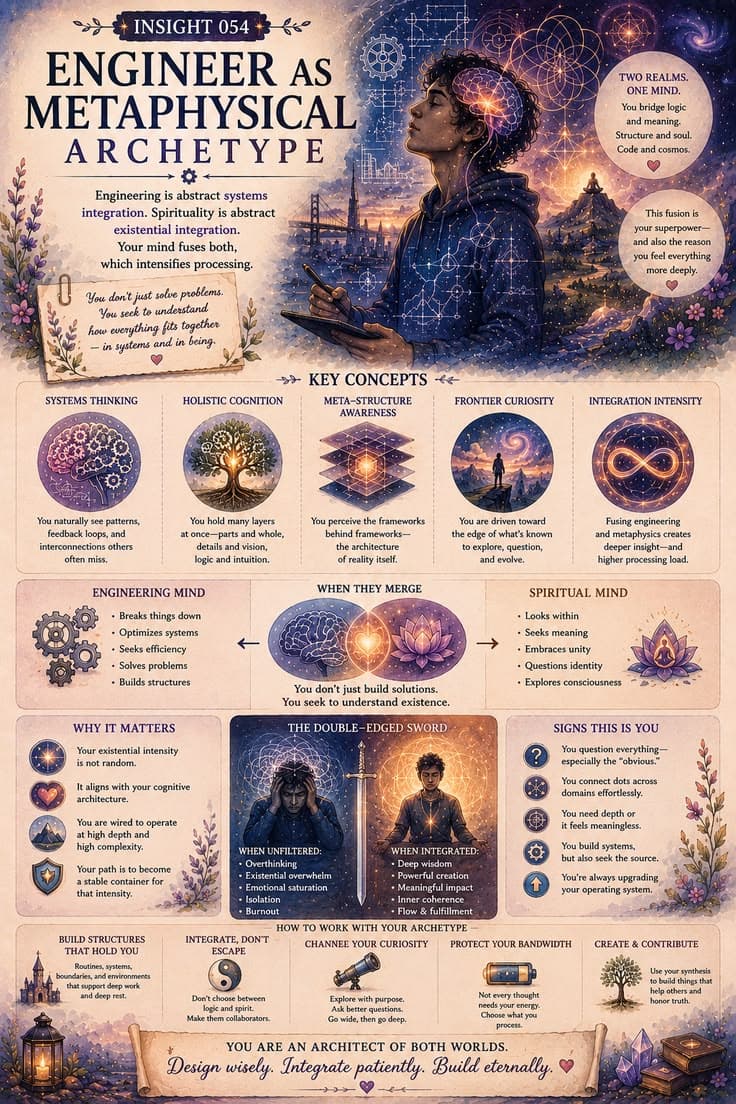 A reflective infographic exploring the overlap between systems thinking and existential inquiry. This piece examines pattern recognition, integration, curiosity, and the tendency to seek underlying structures in both technology and human experience. A reminder that some minds are naturally drawn to understanding how things fit together—not only in systems, but in meaning, identity, and life itself.
#systems-thinking
#engineering-mindset
#consciousness
#personal-growth
#self-awareness