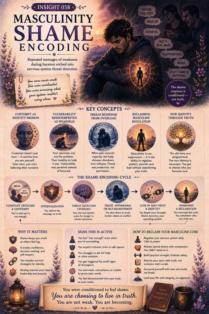 A reflective infographic exploring how repeated criticism, contempt, and emotional invalidation can become encoded as shame within masculine identity. This piece examines vulnerability, nervous system conditioning, self-trust, and the process of reclaiming strength through truth rather than suppression. A reminder that shame is learned—and what is learned can also be unlearned.
#healthy-masculinity
#shame-healing
#emotional-awareness
#self-compassion
#nervous-system