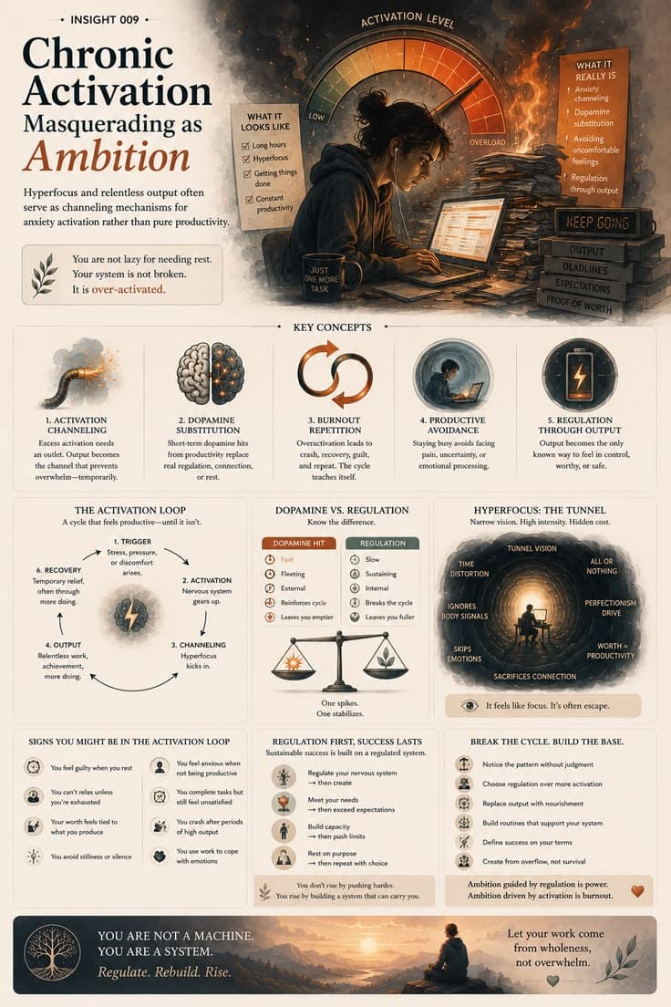 A reflective infographic exploring how chronic stress and nervous system activation can sometimes disguise themselves as productivity, hyperfocus, or relentless ambition. This piece looks at burnout loops, dopamine-driven output, and the difference between regulation and overactivation. A grounded reminder that sustainable success is built through recovery, awareness, and nervous system safety — not constant survival mode.
#burnout-recovery
#nervous-system
#emotional-awareness
#self-regulation
#mental-health-awareness