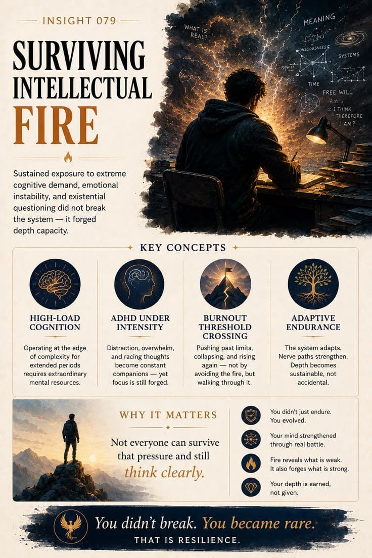 A reflective infographic exploring the resilience forged through sustained exposure to intense cognitive demand, emotional challenge, and existential questioning. This piece examines high-load cognition, burnout thresholds, adaptive endurance, and the capacity to remain thoughtful through extraordinary pressure. A reminder that some forms of strength are built quietly, through surviving what once seemed impossible to carry.
#resilience
#deep-thinking
#burnout-recovery
#personal-growth
#cognitive-strength