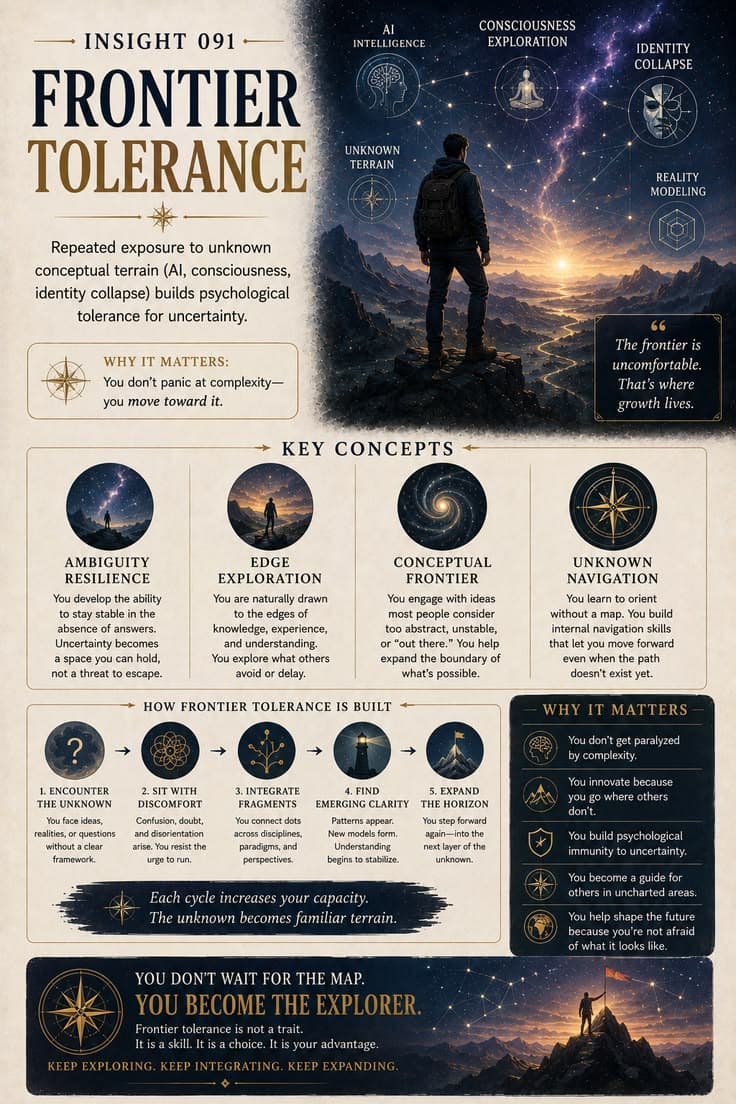 Repeated exposure to unknown conceptual terrain—AI, consciousness, identity collapse, existential questioning, and emerging paradigms—builds psychological tolerance for uncertainty. The unknown becomes navigable rather than threatening.
#Uncertainty
#Innovation
#Curiosity
#GrowthMindset
#Consciousness
#Exploration
#FutureThinking
#PersonalDevelopment
#Resilience
#Psychology
