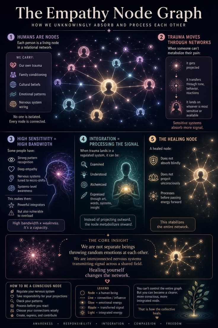 Human beings do not exist in isolation. We are connected through relationships, families, cultures, and nervous systems that continuously influence one another.
Pain that is not processed often moves through networks as projection, emotional reactivity, conditioning, and unconscious patterns. Pain that is processed becomes wisdom, compassion, creativity, and contribution.
Highly sensitive people often function as high-bandwidth nodes. They detect subtle signals, absorb emotional information, recognize patterns, and feel the state of the network more deeply than most. This is not weakness—it is capacity.
The goal is not to absorb everyone's pain. The goal is to become a conscious node: one that processes before projecting, integrates before reacting, and transforms signal into meaning.