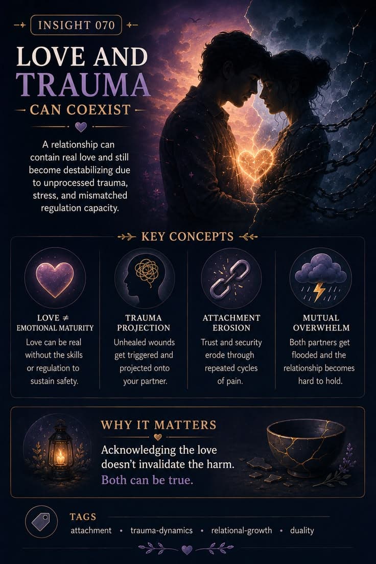 A reflective infographic exploring the difficult reality that genuine love and genuine harm can exist within the same relationship. This piece examines trauma projection, attachment erosion, emotional overwhelm, and the ways unhealed wounds can destabilize connection. A reminder that acknowledging the love does not erase the pain, and acknowledging the pain does not erase the love. Both can be true.
#attachment-healing
#trauma-dynamics
#relational-growth
#healthy-relationships
#emotional-awareness