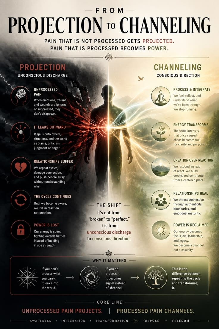 Pain that is not processed gets projected. Pain that is processed becomes power.
Projection is unconscious discharge. Channeling is conscious direction.
When wounds are ignored, they leak outward as blame, criticism, resentment, self-destruction, or repeated cycles. When they are faced, understood, and integrated, the same energy becomes creativity, wisdom, purpose, leadership, and contribution.
Healing is not the removal of intensity. It is the transformation of intensity into something life-giving.
Unprocessed pain projects.
Processed pain channels.
#Projection
#EmotionalProcessing
#TraumaHealing
#ShadowWork
#PersonalGrowth
#EmotionalIntelligence
#SelfAwareness
#Transformation
#Integration
#HealingJourney
#Purpose
#EgoHygiene
