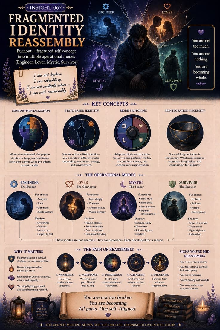 A reflective infographic exploring how burnout, trauma, and major life disruption can temporarily fragment identity into different survival and adaptation modes. This piece examines compartmentalization, role-based identities, mode switching, and the gradual process of reintegration. A reminder that feeling divided does not mean you are broken—it may mean different parts of you are learning how to work together again.
#identity-reconstruction
#personal-growth
#self-awareness
#healing-journey
#inner-integration