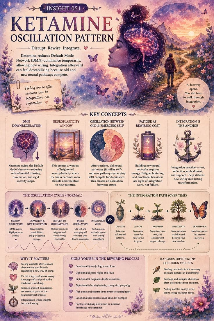 A reflective infographic exploring the emotional and cognitive fluctuations that can follow ketamine-assisted healing. This piece examines neuroplasticity, Default Mode Network quieting, integration fatigue, and the oscillation between old patterns and emerging ways of being. A reminder that feeling unsettled after profound change is not always regression—it can be part of the process of becoming someone new.
#ketamine-therapy
#neuroplasticity
#nervous-system
#healing-journey
#mental-health
