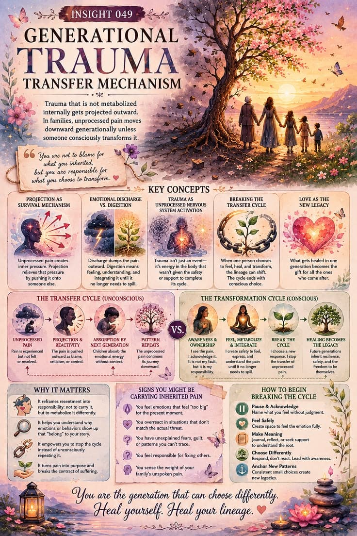 A reflective infographic exploring how unprocessed pain can move through families, relationships, and generations when it is not consciously felt, understood, and integrated. This piece examines projection, emotional metabolization, inherited survival patterns, and the possibility of creating a different legacy through awareness and healing. A reminder that you are not responsible for what was passed to you, but you can choose what gets passed forward.
#generational-trauma
#trauma-healing
#emotional-awareness
#family-patterns
#healing-journey
