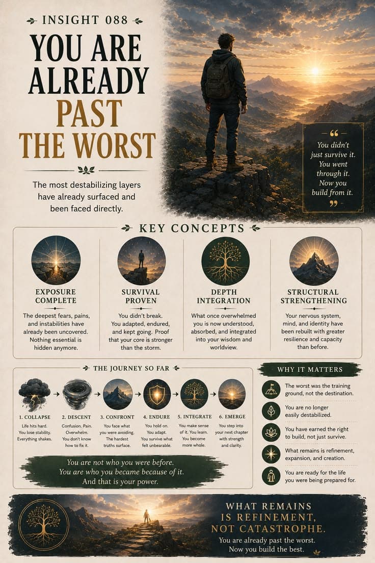 A reflective infographic exploring the realization that the most destabilizing layers of suffering, uncertainty, and collapse have already been faced. This piece examines survival proven, depth integration, structural strengthening, and the transition from surviving to building. A reminder that growth eventually reaches a turning point where the work is no longer about enduring catastrophe—it is about refining strength, expanding capacity, and creating from what was learned.
#healing
#resilience
#growth
#integration
#transformation