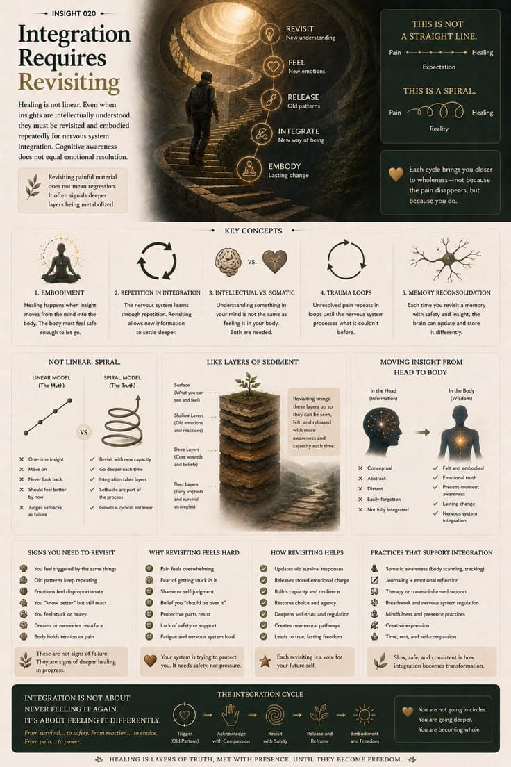 A reflective infographic exploring why healing often requires revisiting the same insights, emotions, and memories more than once. This piece examines embodiment, nervous system integration, memory reconsolidation, and the difference between understanding something intellectually and truly living it. A reminder that returning to old wounds is not always regression—it can be a sign that deeper layers are finally ready to heal.
#healing-journey
#trauma-healing
#nervous-system
#self-awareness
#personal-growth